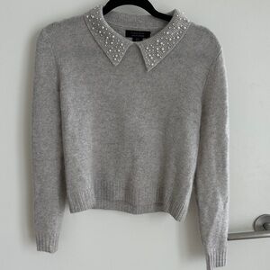 Tahari Light Gray Sweater with Pearl Collar